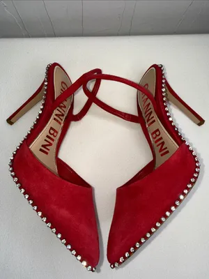 Gianni Bini red suede rhinestones-trimmed slingback pumps thumbnail 5