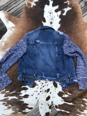 Free People knit-sleeved hooded denim jacket sz M thumbnail 3