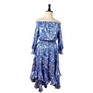 Tahari New Smocked Dress Asymmetrical Ruffle Hem Blue Paisley NWT Women Size 16 thumbnail 7