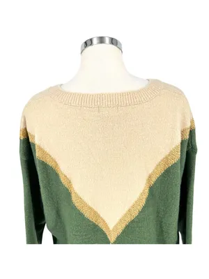 Aaron & Amber Chevron V-Neck Sweater Cabincore 70s Retro Beige Gold Green Medium thumbnail 10