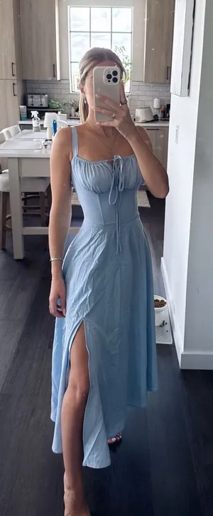 Light Blue Tie-Front Milkmaid Midi Dress (Size Small) thumbnail 1