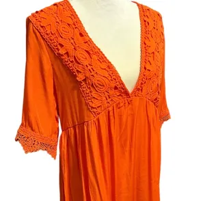 Embroidered V- neck mini dress orange with crochet lace hem sleeves thumbnail 4