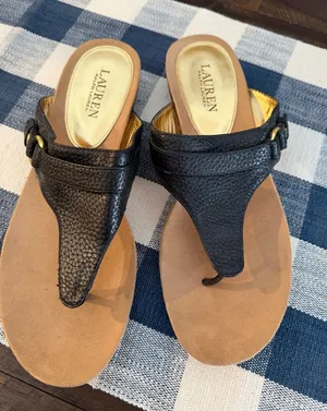 Lauren Ralph Lauren Black Leather Thong Sandals with Gold Buckle thumbnail 1
