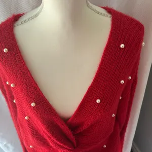 No Boundaries Red Off-the-Shoulder Sweater with Pearl Details thumbnail 9