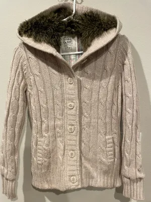 Esprit Wool Blend Women Sweater Cardigan beige knitted hooded Buttons Small thumbnail 1