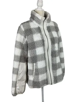 Abercrombie Sherpa Check Fleece Plaid Full Zip Jacket Coat Gray and White Size Medium thumbnail 7