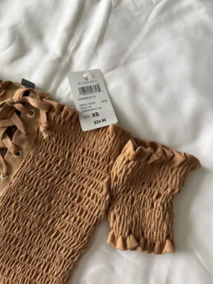 Camel Brown Off-Shoulder Lace-Up Crop Top thumbnail 5