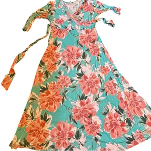 Pink Blue Floral Wrap Maxi Dress Plus Size 3X Stretchy Belted Easter Wedding thumbnail 1