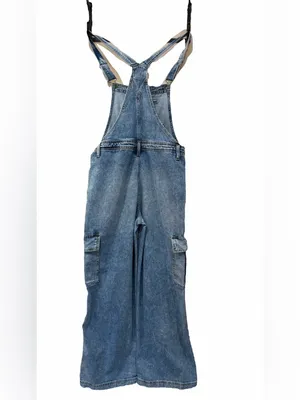 Aerie Baggy Cargo Denim Wide Leg Overalls Medium Wash Adjustable Straps thumbnail 4
