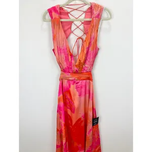 Lulus Dedra Pink and Orange Abstract Pleated Maxi Dress Formal Satin Large NWT thumbnail 6