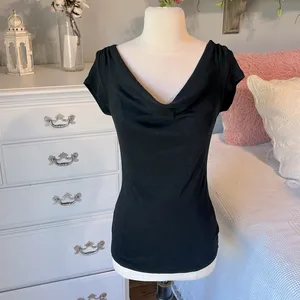 Express Sexy Basic Black Top Drape Neck Short Sleeve Cotton Womens Small thumbnail 3