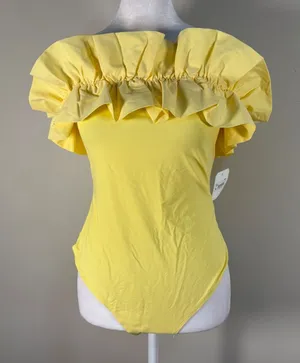 Altar'd State Bodysuit Women L Yellow New Ruffle Off‎ Shoulder thumbnail 1