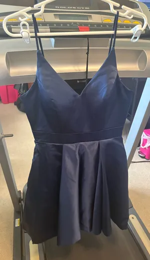 Navy Satin V-Neck Spaghetti Strap Skater Dress thumbnail 1