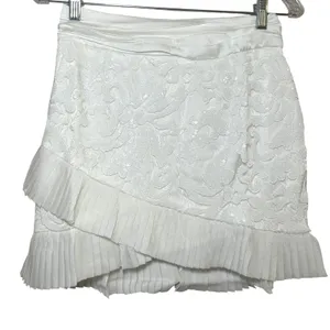 Naked Wardrobe White Sequin Lace Mini Skirt Ruched Satin Waist Pleated S nwot thumbnail 1