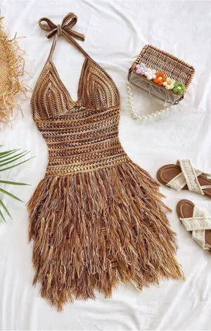 Women's Vintage Inspired Maillard Color Tassel Hem V-Neck Halter Mini Dress thumbnail 1