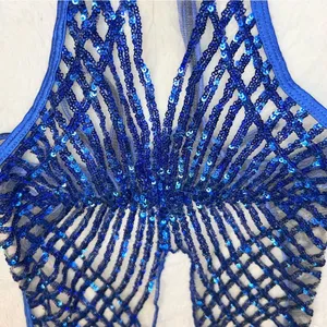 Brazilian Blue Sequin Sheer Plunge One-Piece Thong Side Tie Swimwear Size Small thumbnail 5