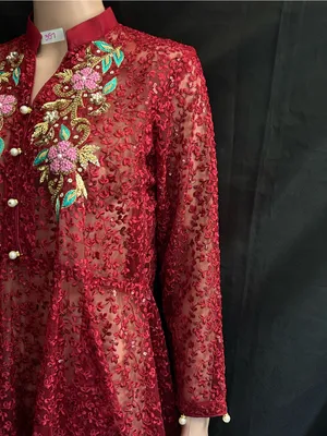 Embroidered Red Lace Fit-and-Flare Women's Dress MD thumbnail 3