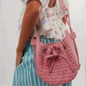 Free People Cabana Woven Drawstring Crossbody Bag in Pink thumbnail 2