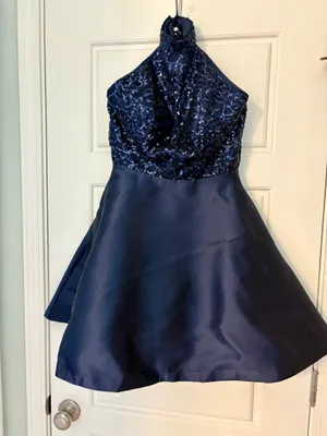 Navy beaded Halter Mini Dress Blue thumbnail 1