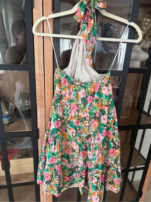 Copper key mini dress colorful floral tropical print halter neck open back linen thumbnail 3