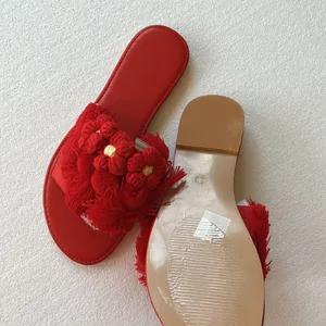 New Red Slide Sandal Tassel Pom Pom Faux Suede Slip On Bohemian Sz-8 thumbnail 10