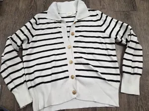 CYRUS Super Soft The Striped Cardigan Breton Stripe Black Ivory Sweater Large thumbnail 1