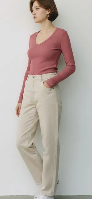 Rose V-Neck Rib Knit Long‎ Sleeve Top thumbnail 1