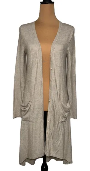 FORE Button Front‎ Duster Cardigan Long Sleeve Pockets Knit Beige Women's Size L thumbnail 1