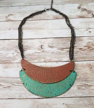 Vintage Necklace Statement Metal Necklace with Green & Orange Tones thumbnail 2