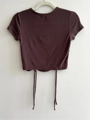 Garage Ribbed Cropped Tie Front Top, Casual Going Out Top, Brown, Size Medium thumbnail 9