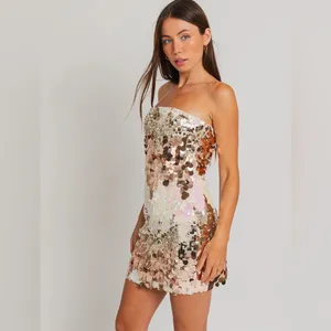 Le lis Disco sequined mini dress discs iridescent strapless cocktail rose gold party thumbnail 2