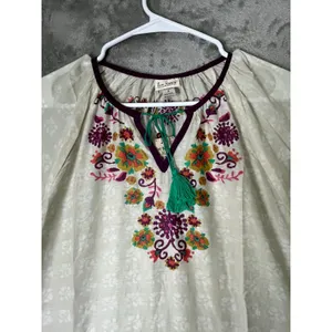 Natural Life Live Happy Embroidered Floral Boho Peasant Tunic Blouse Top S New thumbnail 2