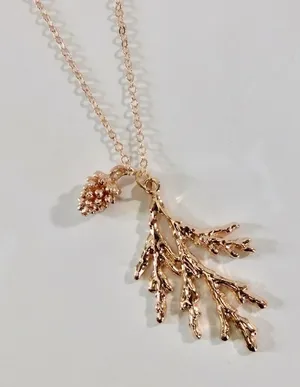 NEW Rose‎ Gold Pinecone Pine Bough Pendant Necklace Nature Outdoors Trees thumbnail 1