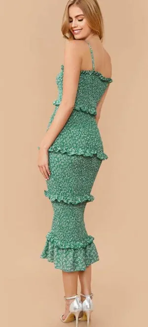 SheIn Green Floral Daisy Print Midi Smocked Bodycon Dress w/ Ruffles Size Medium thumbnail 2