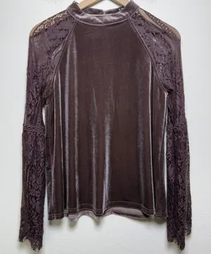 Very J Women Velour Lace Top Top Small Brown‎ Flare Western Boho Peasant thumbnail 1