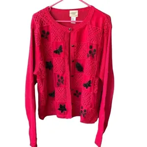 Teddi size XL beaded crocheted button front cardigan. Red thumbnail 2