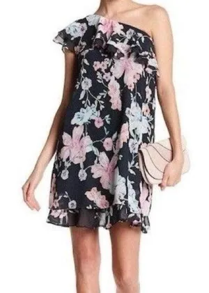 Eliza J Floral One Shoulder Ruffle Chiffon Dress green pink size‎ 2 thumbnail 1