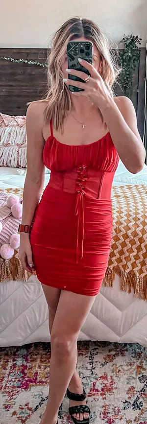 Tiger Mist Red Mesh Lace Up Mini Dress thumbnail 1