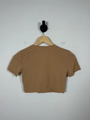 Zara Cropped Fitted Short Sleeve Tee Tan Stretch Top Size M thumbnail 5