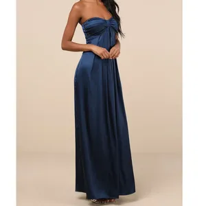 Lulus NWT Memorable Entrance Dark Blue Strapless Satin Pleated Maxi Gown Dress thumbnail 2