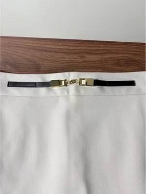 Express Women's Beige Pencil Skirt with Gold and Black Belt Detail, Size 8 thumbnail 3
