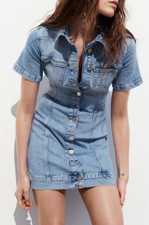 ZARA Dress mini denim jeans button up collar casual short sleeve thumbnail 1