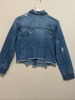 KanCan Medium Blue Distressed Cropped Denim Jacket thumbnail 6