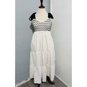 Women Ivory Smocked‎ Tiered Tie Straps Maxi Peasant Dress Size L 100% Cotton thumbnail 4