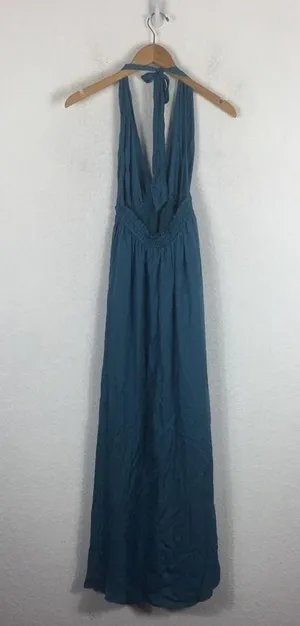 Lulus Unforgettable Night Maxi Dress XS Teal Blue Satin Halter Open Back Beach thumbnail 14