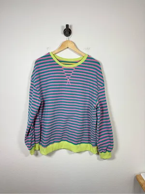 Pink Teal Striped Cotton Blend Crewneck Sweatshirt Size M thumbnail 3
