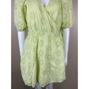Zara Women’s XS Lime Green Eyelet Mini Wrap Dress Puff Sleeve Lined Cotton thumbnail 3