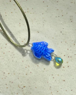 unique funky cute blue ceramic fish & Czech glass teardrop necklace⭐️🐟💕 thumbnail 4