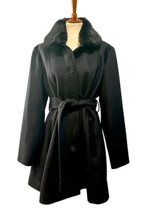 Faux Fur Collar Black Trench Coat Coquette Dark Academia Old Money Wool Blend XL thumbnail 1