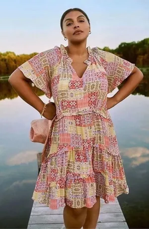 Anthropologie Robin Tiered Ruffle V-Neck Mini Dress Colorful Patchwork Print thumbnail 1